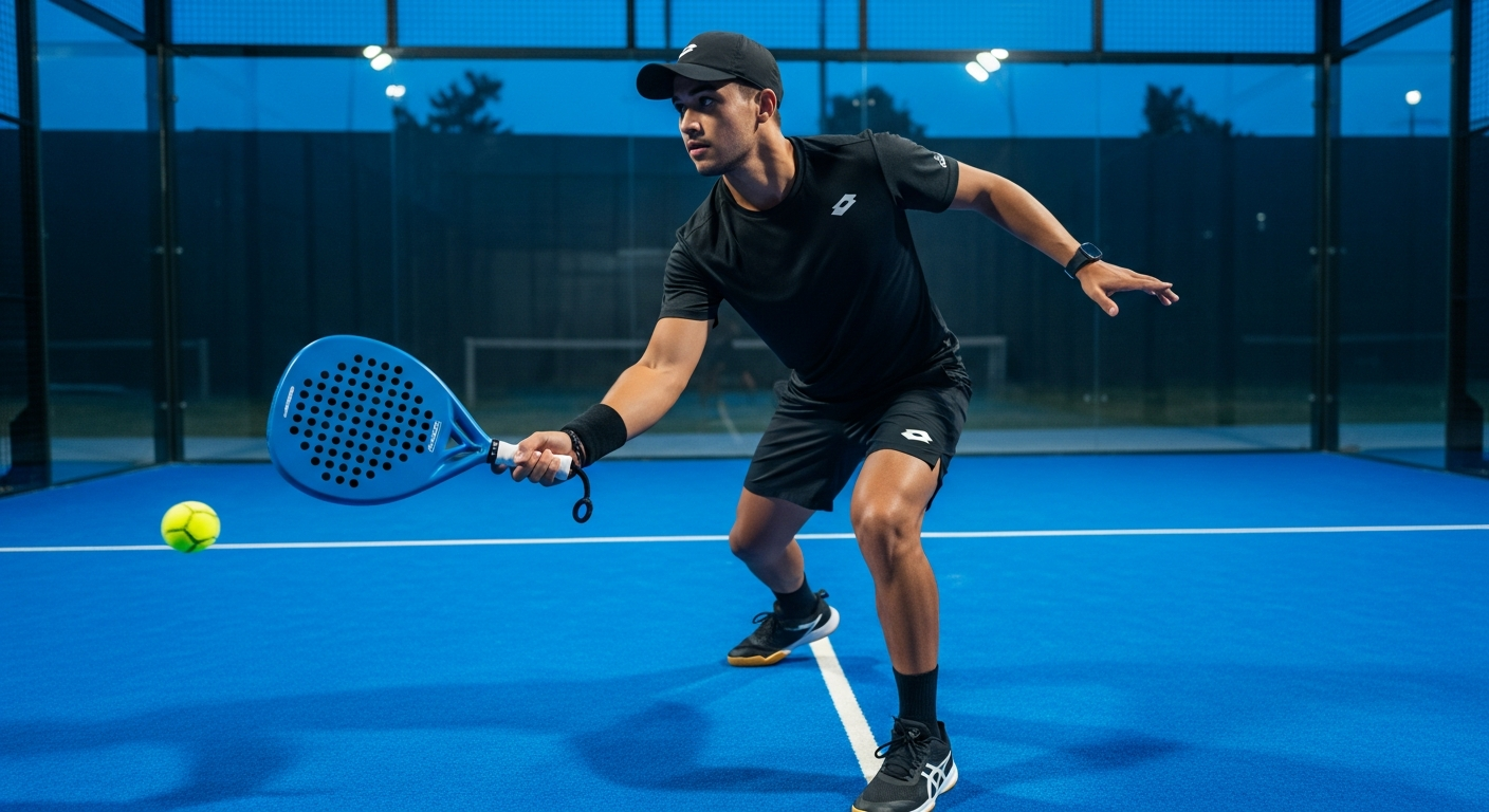 Padel player on a padel court holding a padel racket